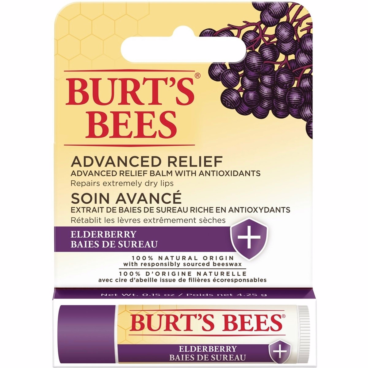 Burt's Bees 100% 天然來源 高效緩解護唇膏，含蜂蠟與抗氧化豐富的接骨木莓