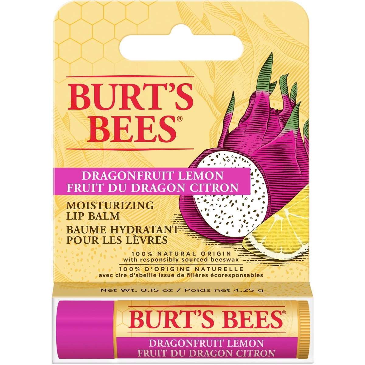 100% 天然來源保濕護唇膏，龍果檸檬風味，蜂蠟與果萃成分