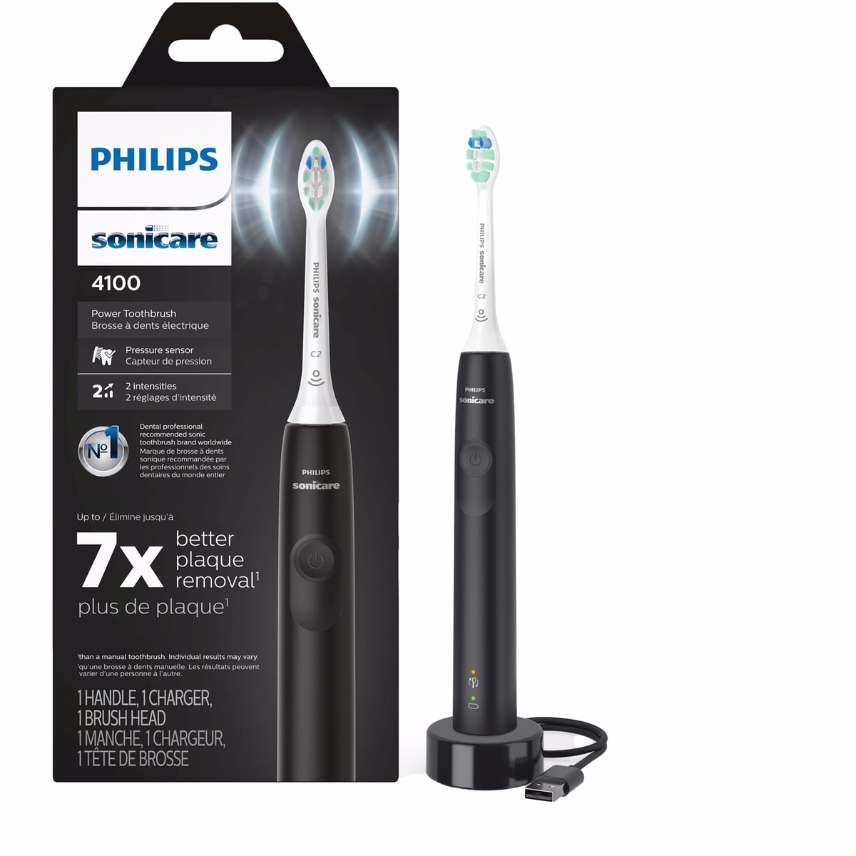4100 Power Toothbrush, Rechargeable Electric Toothbrush with Pressure Sensor, Black