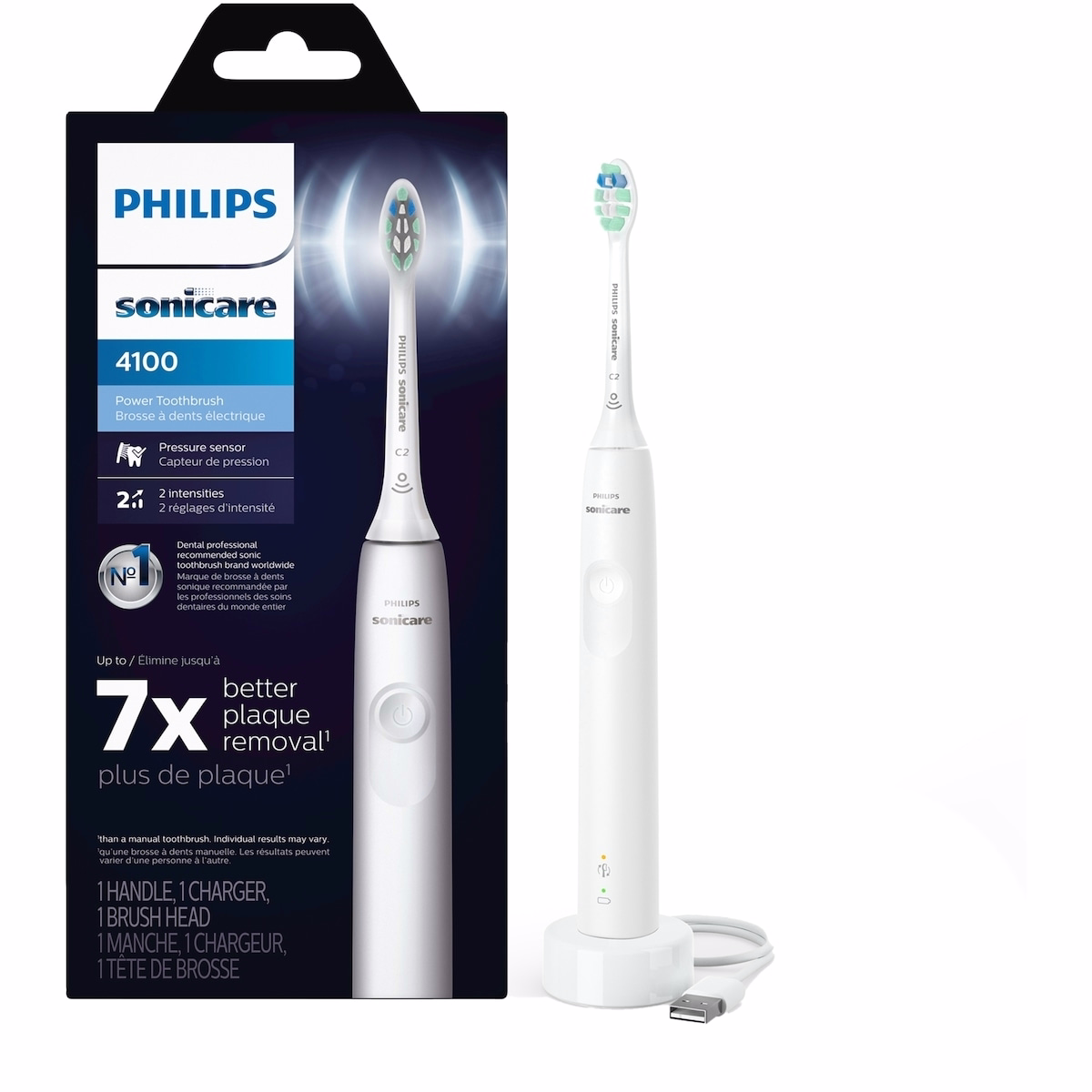 4100 Power Toothbrush, Rechargeable Electric Toothbrush with Pressure Sensor, White