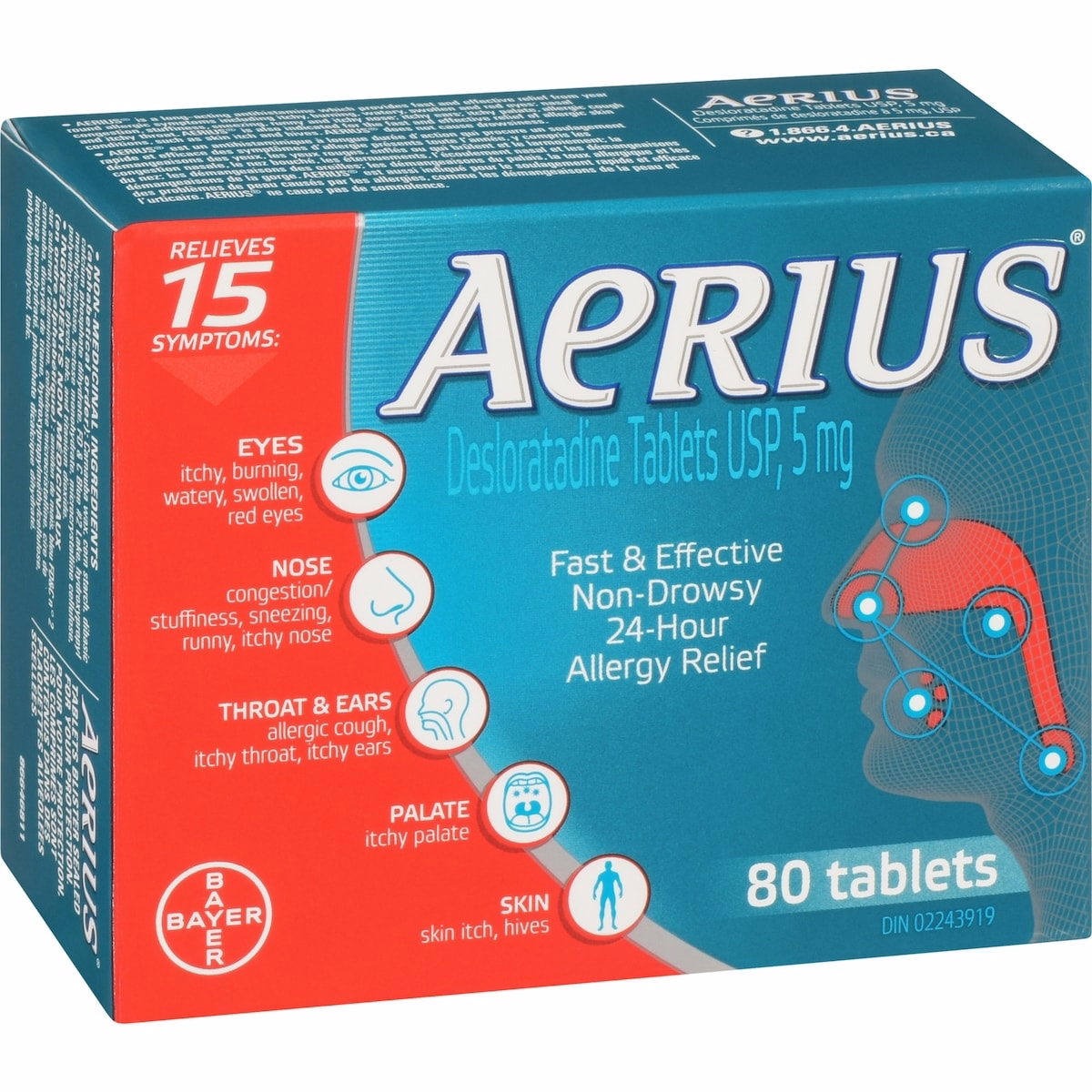 Aerius Allergy Medicine, Fast Relief, 24-Hour, Non-Drowsy, 15 Symptoms, 80 Tablets