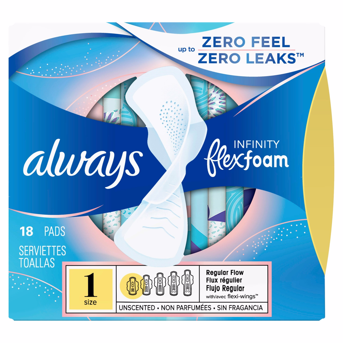 Always Infinity Flexfoam 護墊（女性用，常規，帶翼，無香）18 件