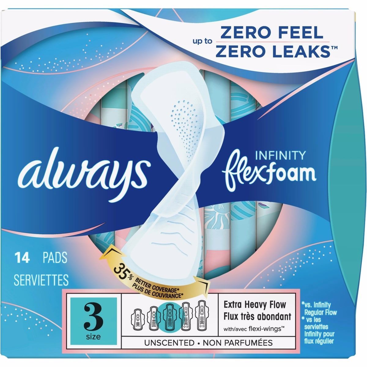 Always Infinity FlexFoam 護墊 女用，尺寸 3，超強吸收力，無香，14 片