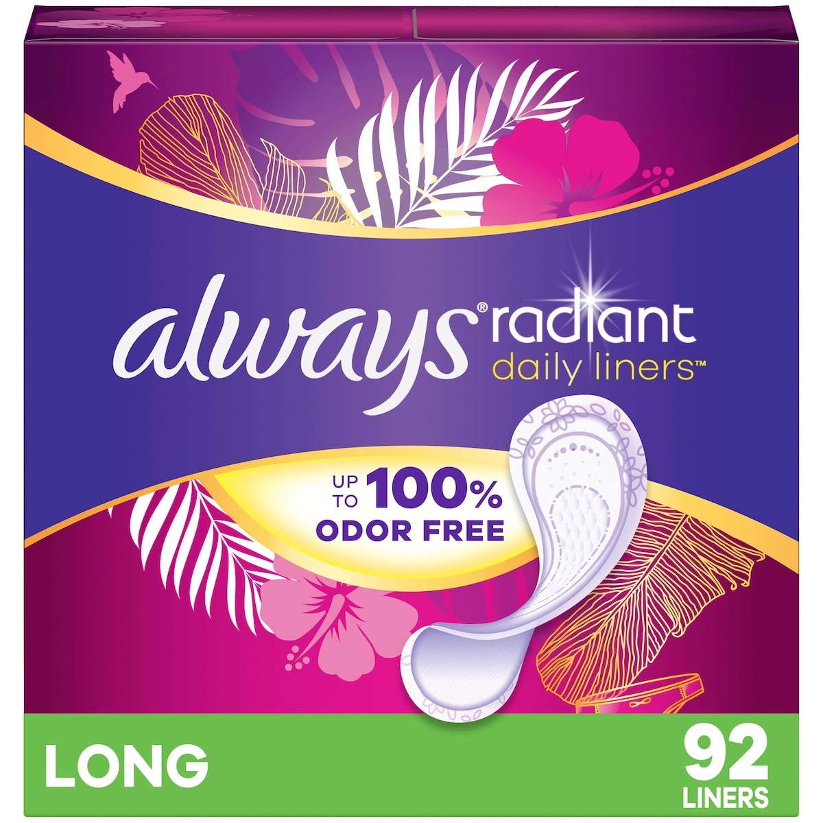 Always Radiant Daily Liners, Long, Unscented, 92 Count