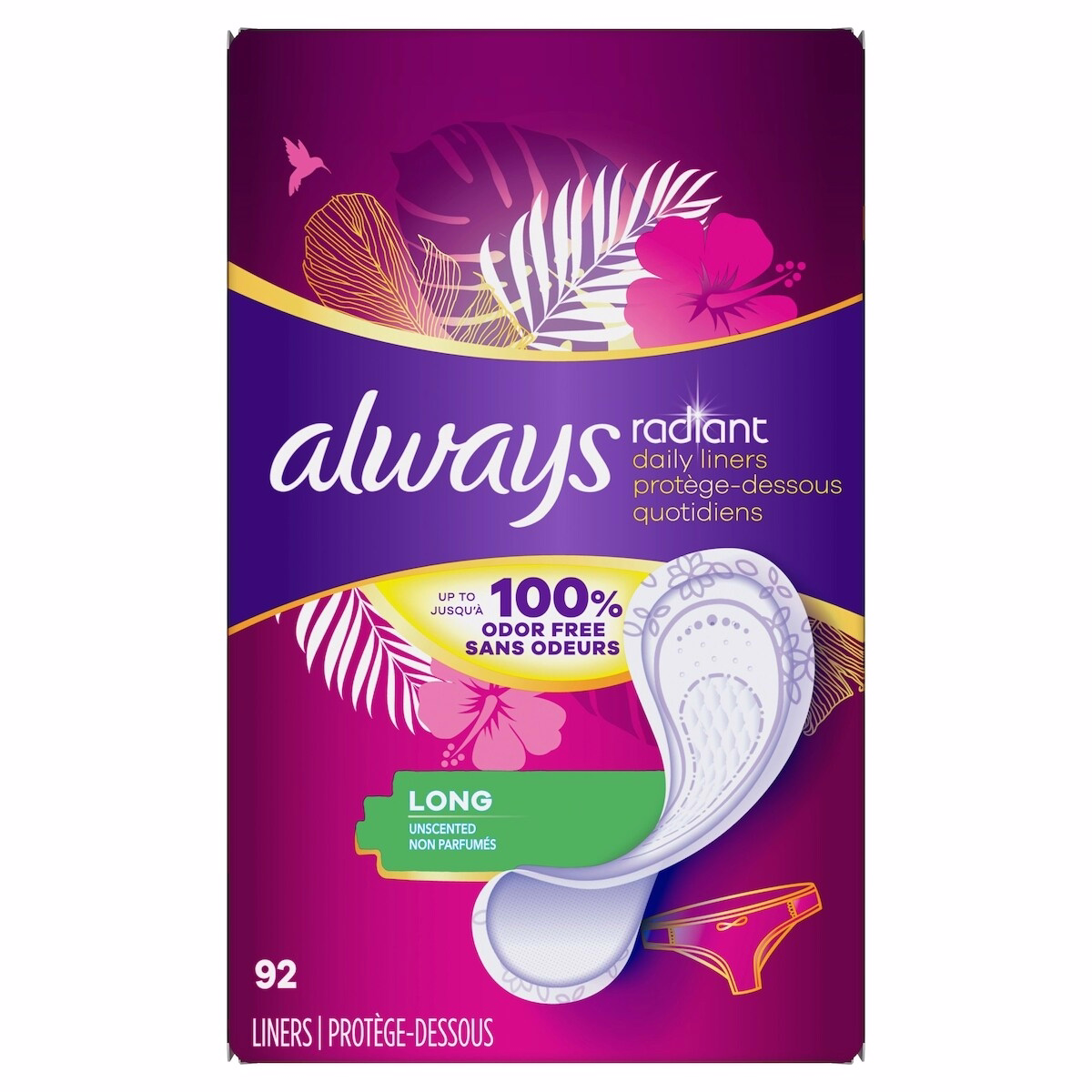 Always Radiant Daily Liners, Long, Unscented, 92 Count