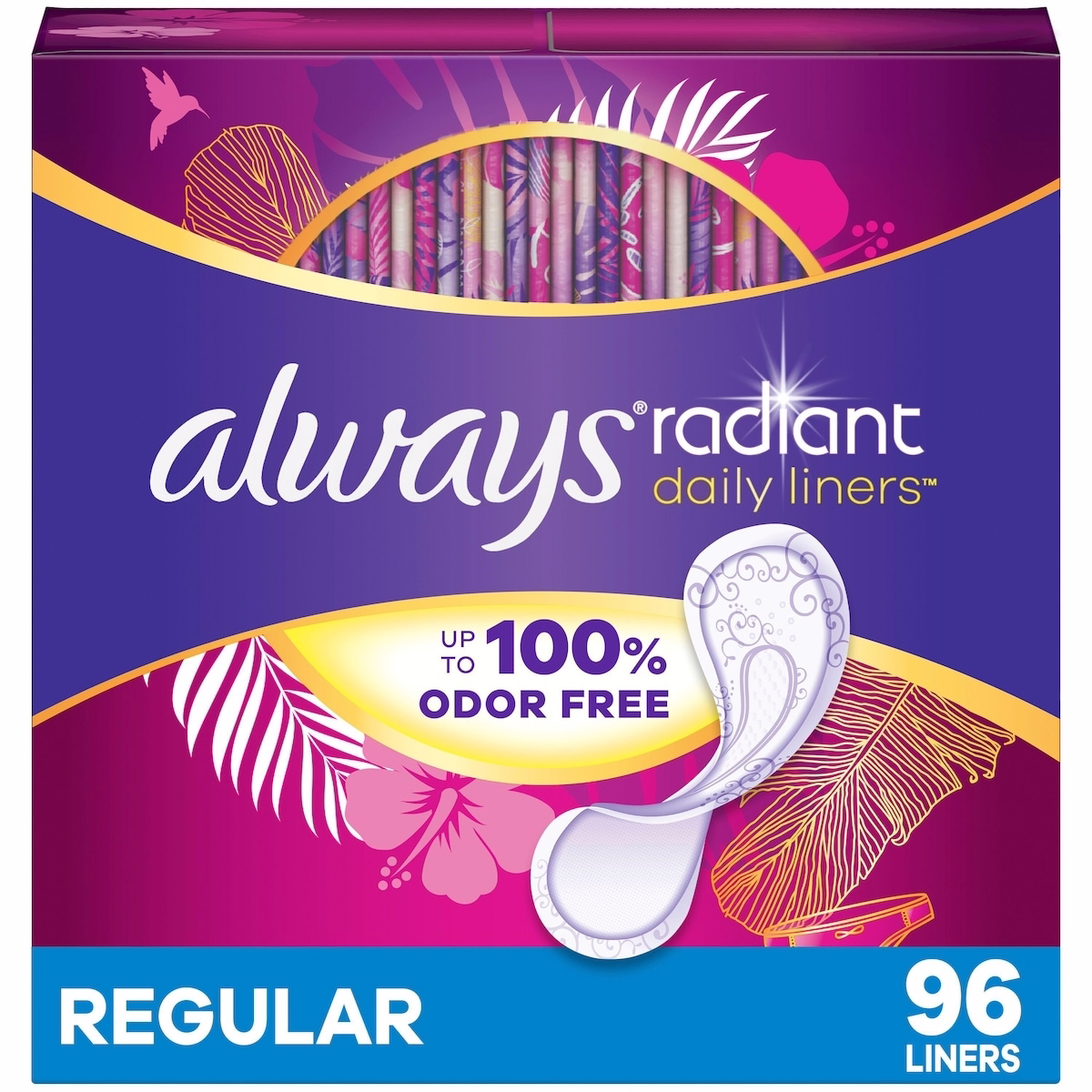 Always Radiant Daily Liners Regular Absorbency Unscented, Up to 100% Odor-free, 96 Count