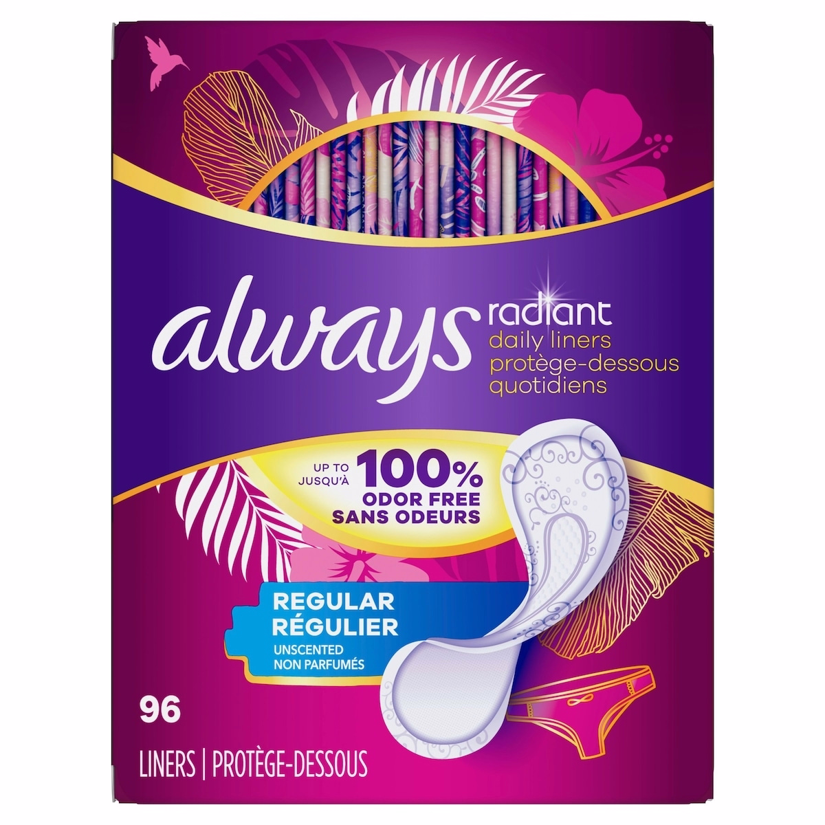 Always Radiant Daily Liners Regular Absorbency Unscented, Up to 100% Odor-free, 96 Count