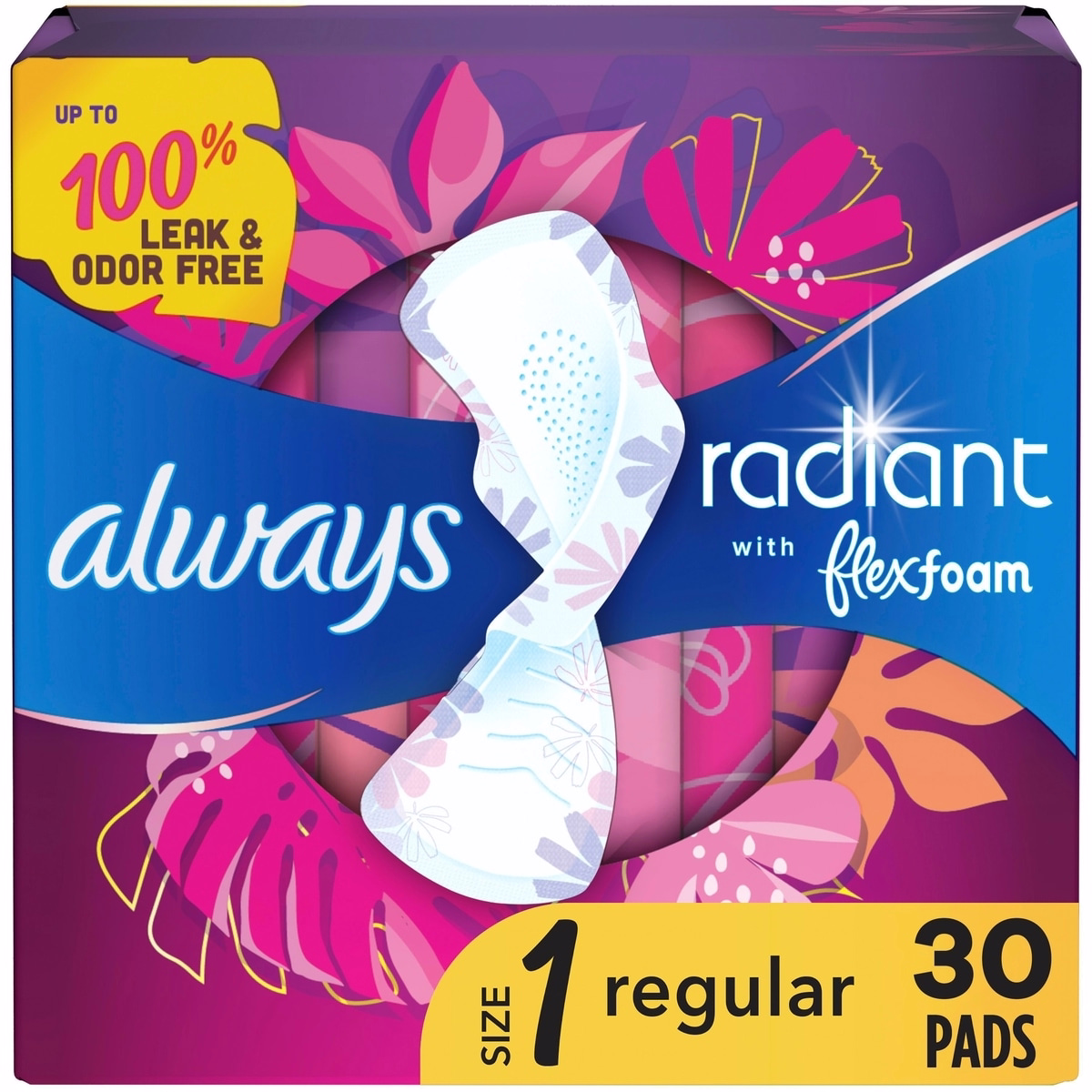 Always Radiant FlexFoam 護墊，適用於女性，尺寸 1，常規吸收，30 片裝，具翼設計與香味，提供 100% 防漏與除臭保護