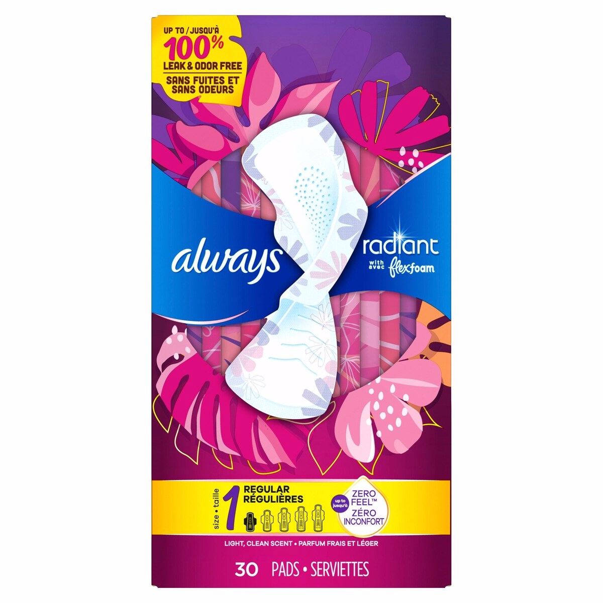 Always Radiant FlexFoam 護墊，適用於女性，尺寸 1，常規吸收，30 片裝，具翼設計與香味，提供 100% 防漏與除臭保護