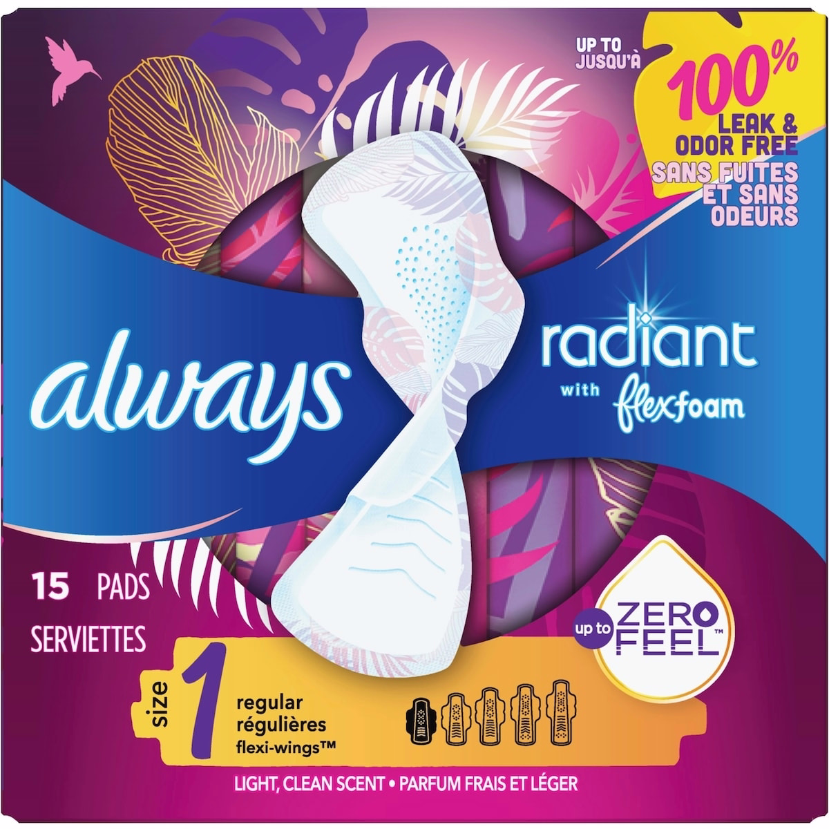 Always Radiant FlexFoam 護墊（女性用，尺寸 1，常規吸收，帶翼，15 片裝）