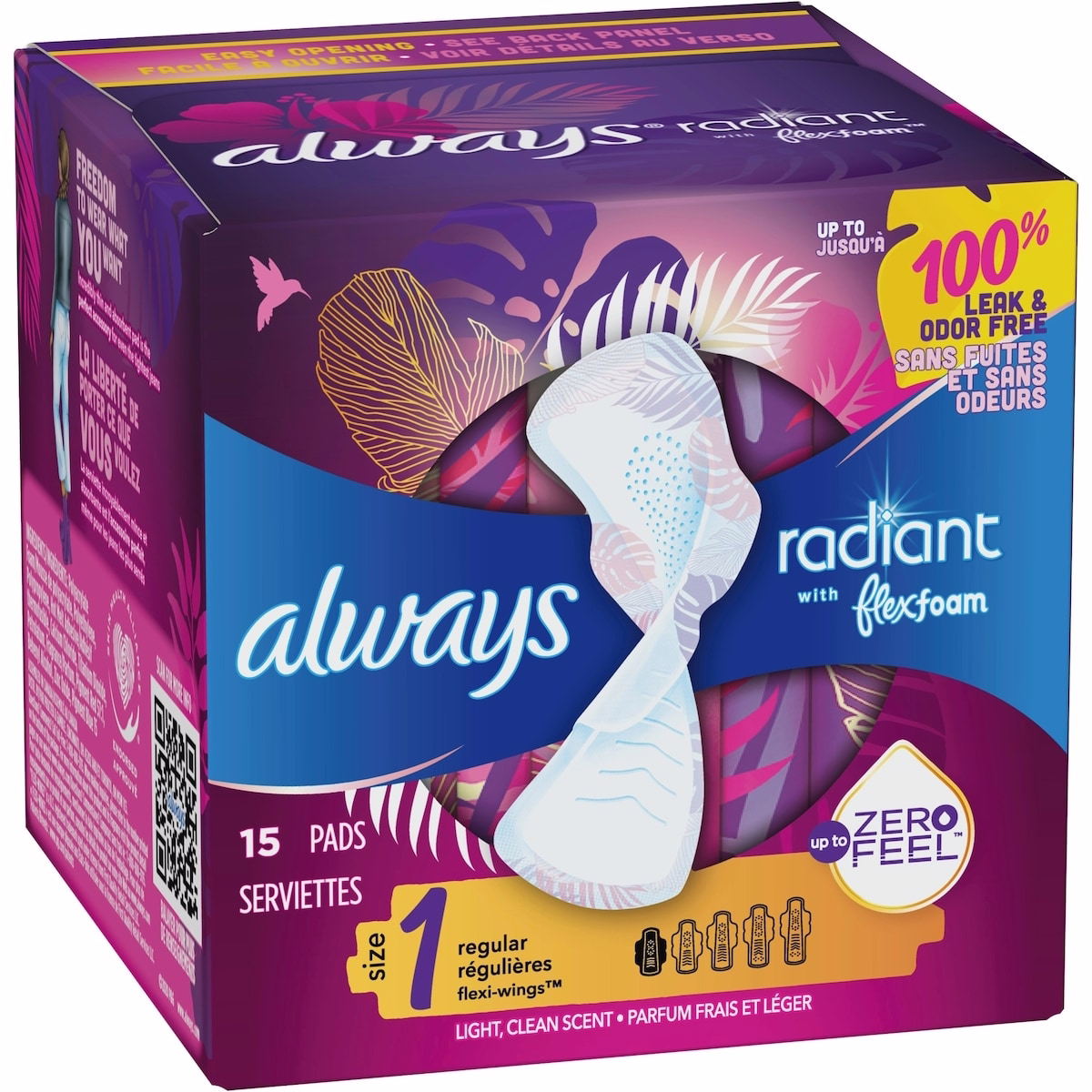 Always Radiant FlexFoam 護墊（女性用，尺寸 1，常規吸收，帶翼，15 片裝）