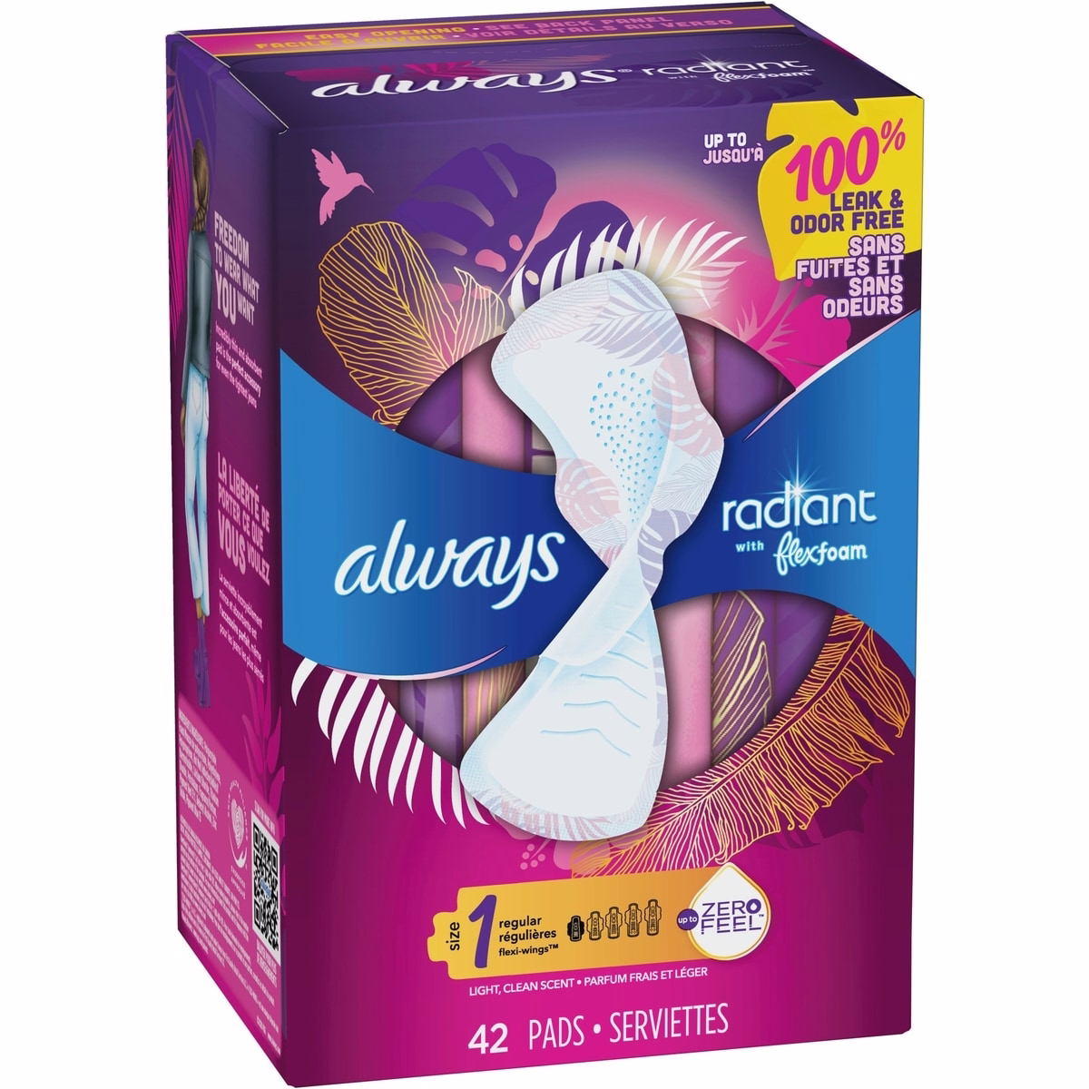 Always Radiant Flexfoam pads for Women Size 1, Regular Absorbency with Wings, 42 count