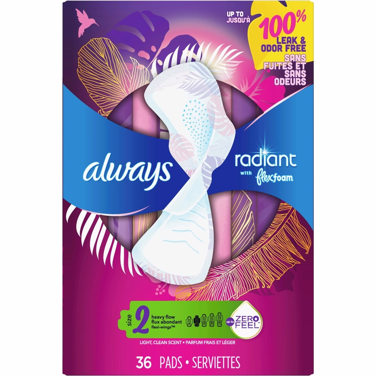 Always 光彩 FlexFoam 護墊，女性用，尺寸 2，重流量吸收，帶翼，36 片裝