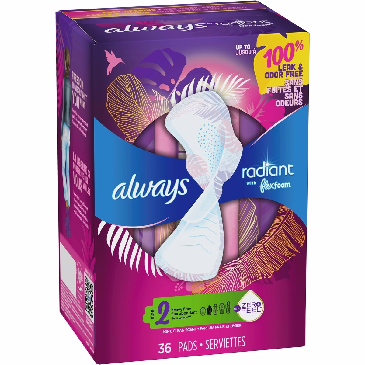 Always 光彩 FlexFoam 護墊，女性用，尺寸 2，重流量吸收，帶翼，36 片裝
