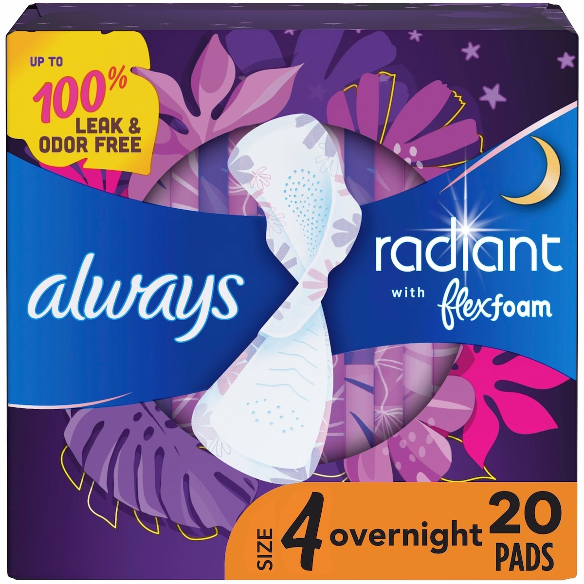 Always Radiant FlexFoam 護墊（適用於女性），尺寸 4，整夜吸收，100% 無滲漏與無異味保護，具翼設計且芳香，20 枚裝