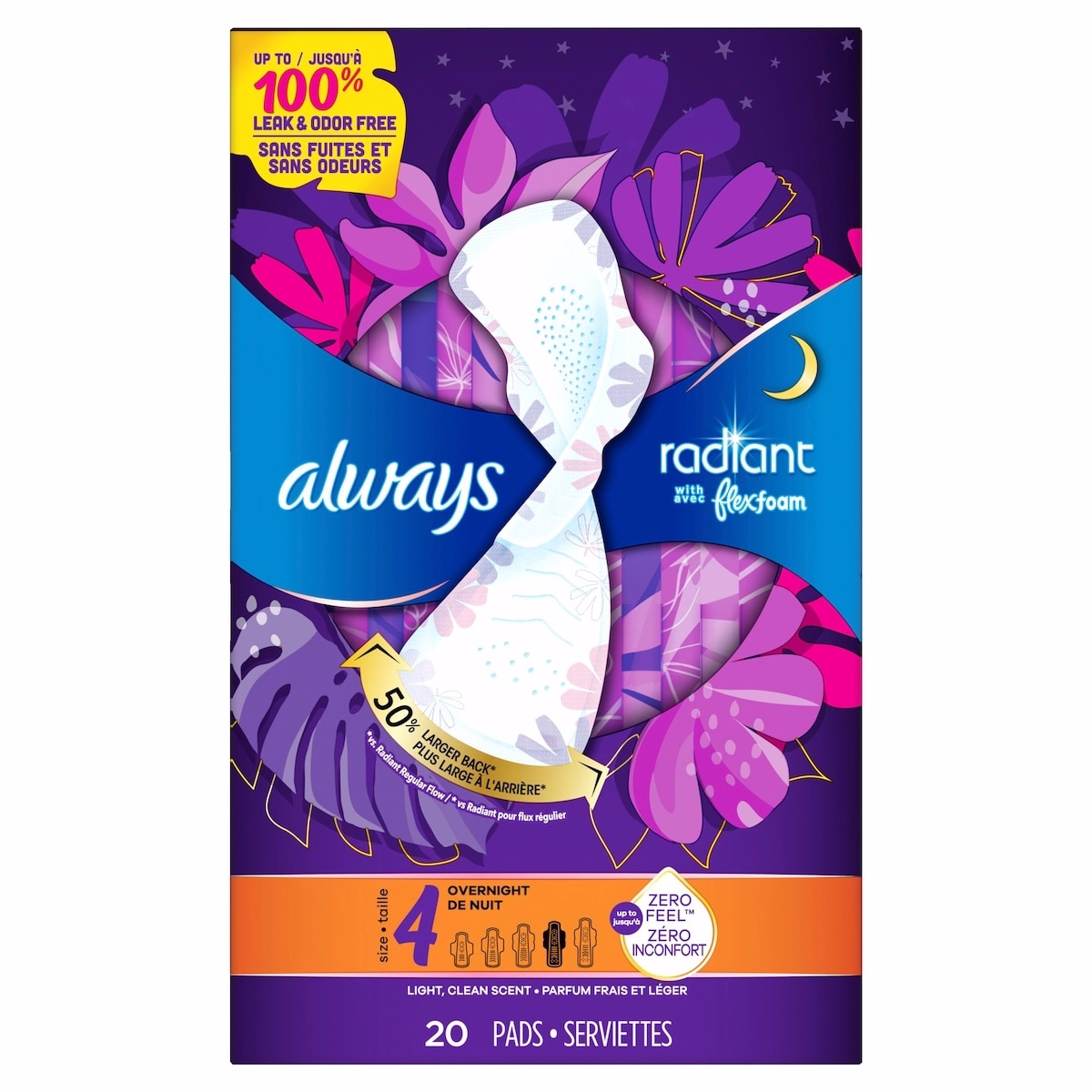 Always Radiant FlexFoam 護墊（適用於女性），尺寸 4，整夜吸收，100% 無滲漏與無異味保護，具翼設計且芳香，20 枚裝