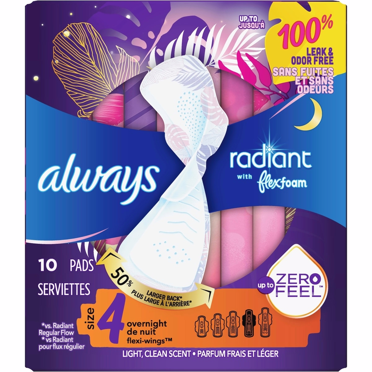 Always Radiant FlexFoam 護墊 - 女性用 4號 過夜吸收，帶翼，10片裝