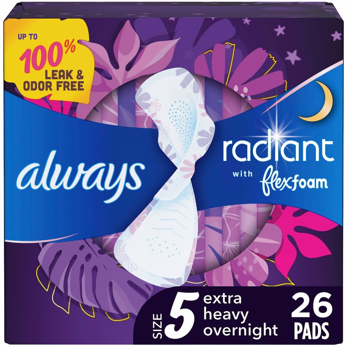 Always 亮麗 FlexFoam 護墊（適用於女性，尺寸 5，超級夜用高吸收，帶翼，26 片裝）