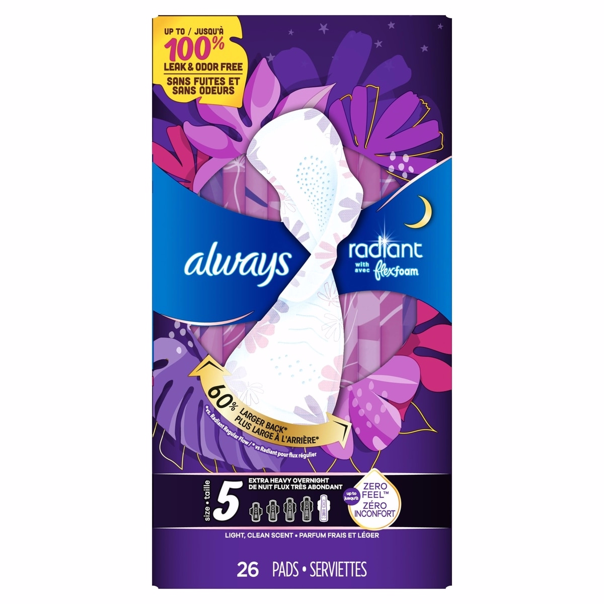 Always 亮麗 FlexFoam 護墊（適用於女性，尺寸 5，超級夜用高吸收，帶翼，26 片裝）
