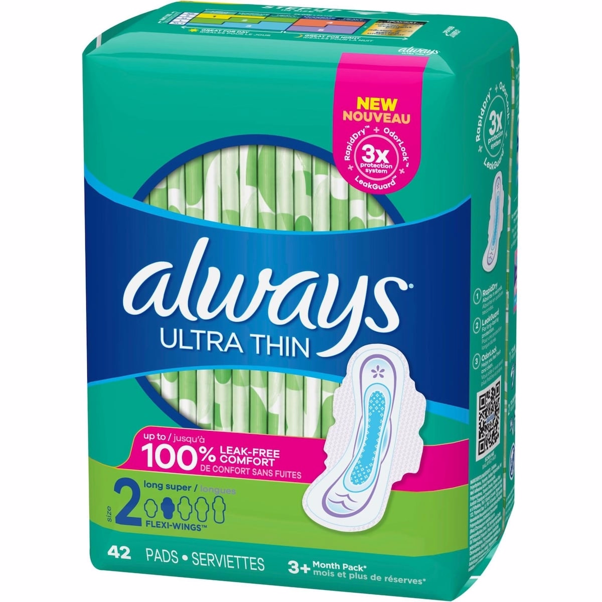Always Ultra Thin Pads Size 2 Long Absorbency Unscented with Wings, 42 Count