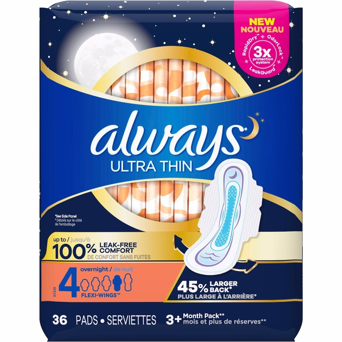 Always Ultra Thin Pads Size 4 Overnight Absorbency Unscented with Wings, 36 Count Always Ultra Thin Pads Size 4 Overnight Absorbency Unscented with Wings, 36 Count