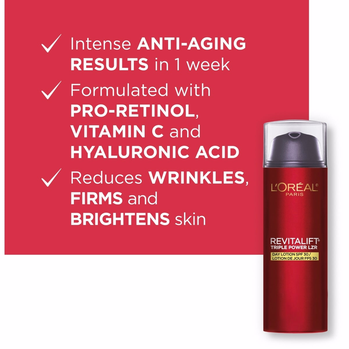Anti-Aging Day Lotion SPF 30 with Pro-Retinol, Vitamin C + Hyaluronic Acid, Revitalift Triple Power LZR