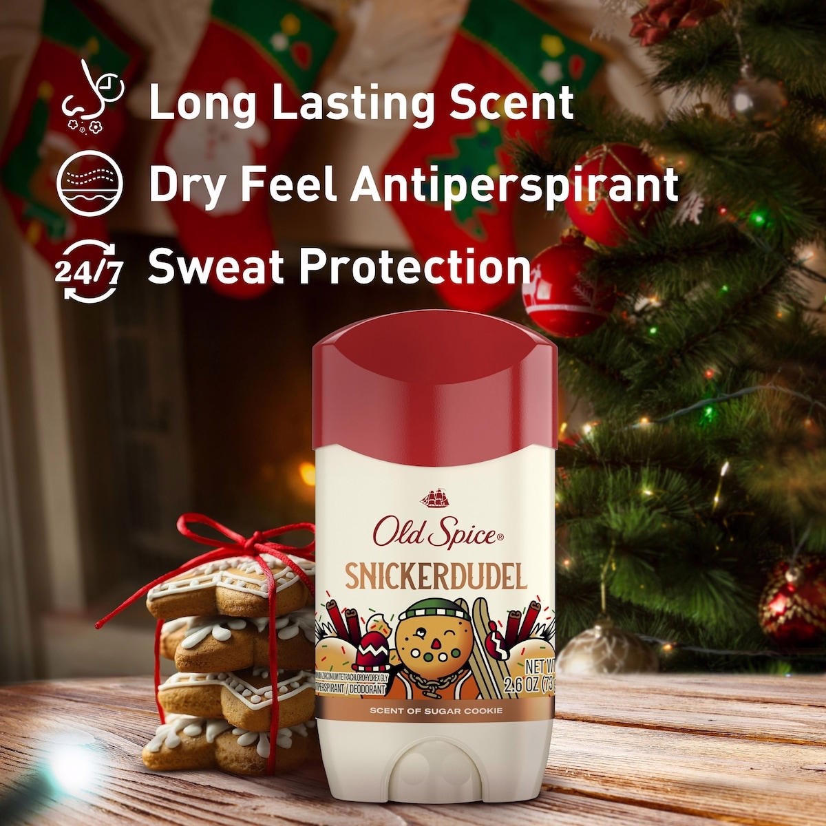 Antiperspirant and Deodorant for men, Holidudes Limited Edition, 24/7 Holiday Freshness, Sweat and Odor Protection, Snickerdudel, Sugar Cookie Scent,