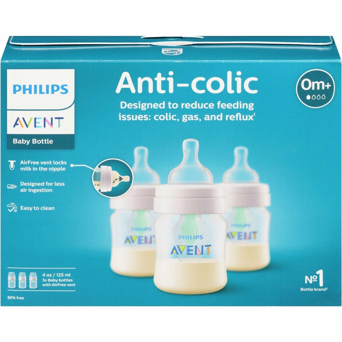 Avent Anti-colic Baby Bottle with AirFree Vent 4oz, 3 pack, SCY701/03