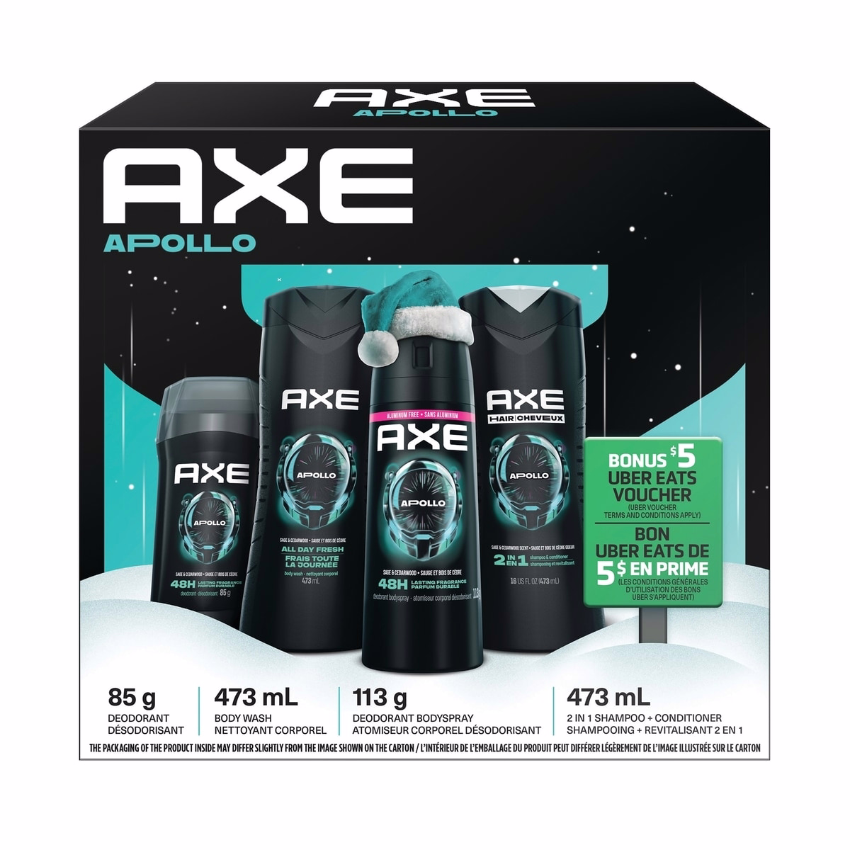 AXE Apollo Gift Set - 包含 Apollo 身體香氛噴霧、Apollo 沐浴露、Apollo 2 合 1 洗髮護髮素，以及 Apollo 除臭棒