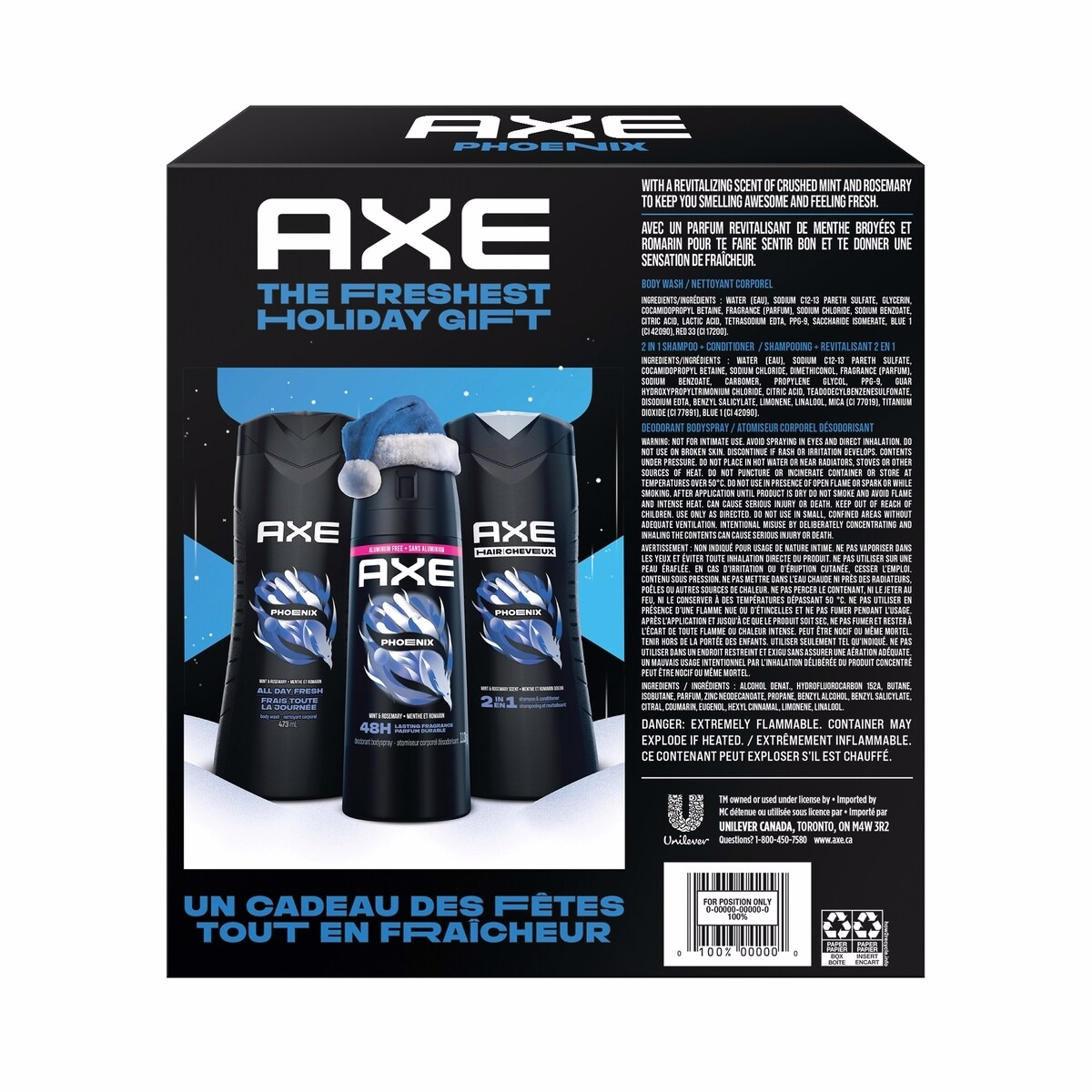 AXE 鳳凰 假日禮盒組，包含：AXE 鳳凰 沐浴露、AXE 鳳凰 身體噴霧，以及 AXE 鳳凰 2合1 洗髮護髮素，3件禮盒裝