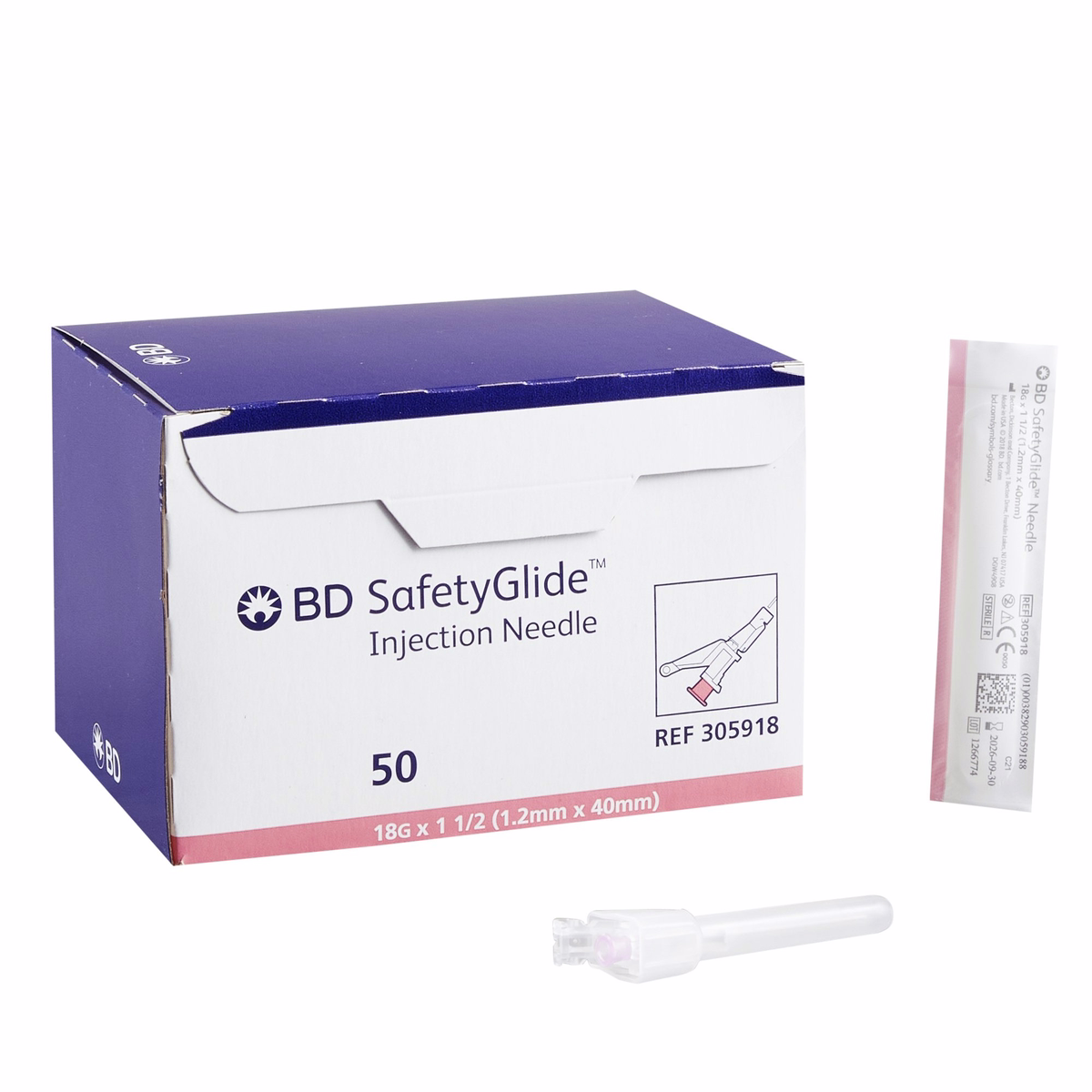Bd 305918 Safetyglide Needle Only Safety Glide 18gx1 1/2 Regular Bevel 50/box