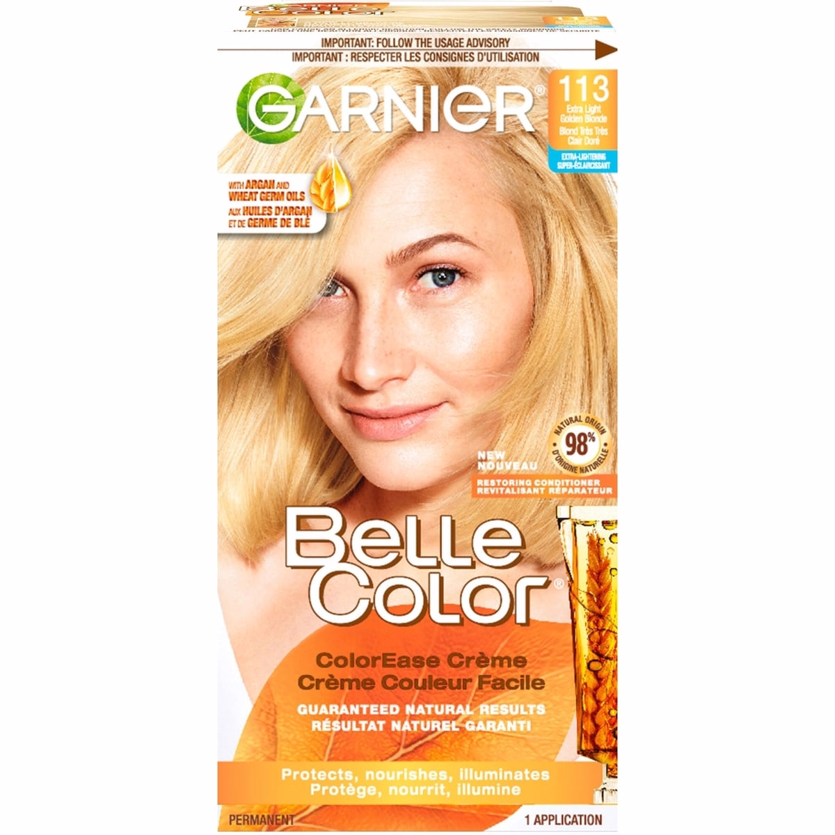 Belle Color Permanent Hair Dye, 113 Extra Light Golden Blonde, 100% Grey Coverage, Enriched with Argan Oil and Wheat Germ Oils - 1 Application