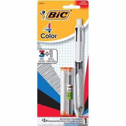 BIC 3 + 1 Retractable Ballpoint Pen/Pencil, Black/Blue/Red Ink, Gray/White Barrel