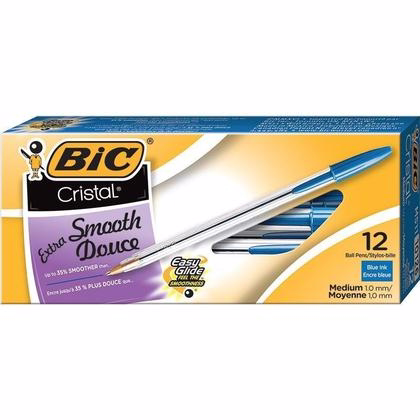 BIC Cristal Ballpoint Stick Pen, Medium, Clear Barrel, Blue Ink, Dozen