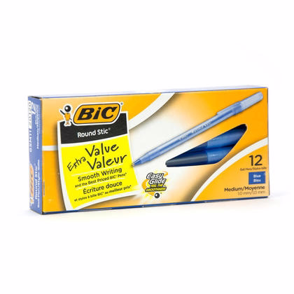 BIC Round Stic Ballpoint Pen, Medium, Blue Ink, Dozen