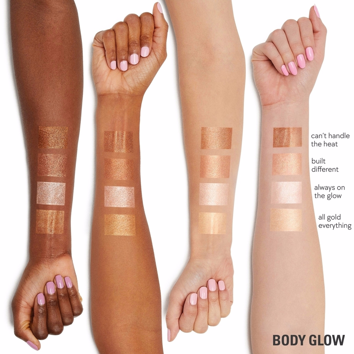 Body Glow Highlighter, illuminating, non-sticky, transfer-proof, buildable coverage, satin finish Body Glow Highlighter, illuminating, non-sticky, transfer-proof, buildable coverage, satin finish