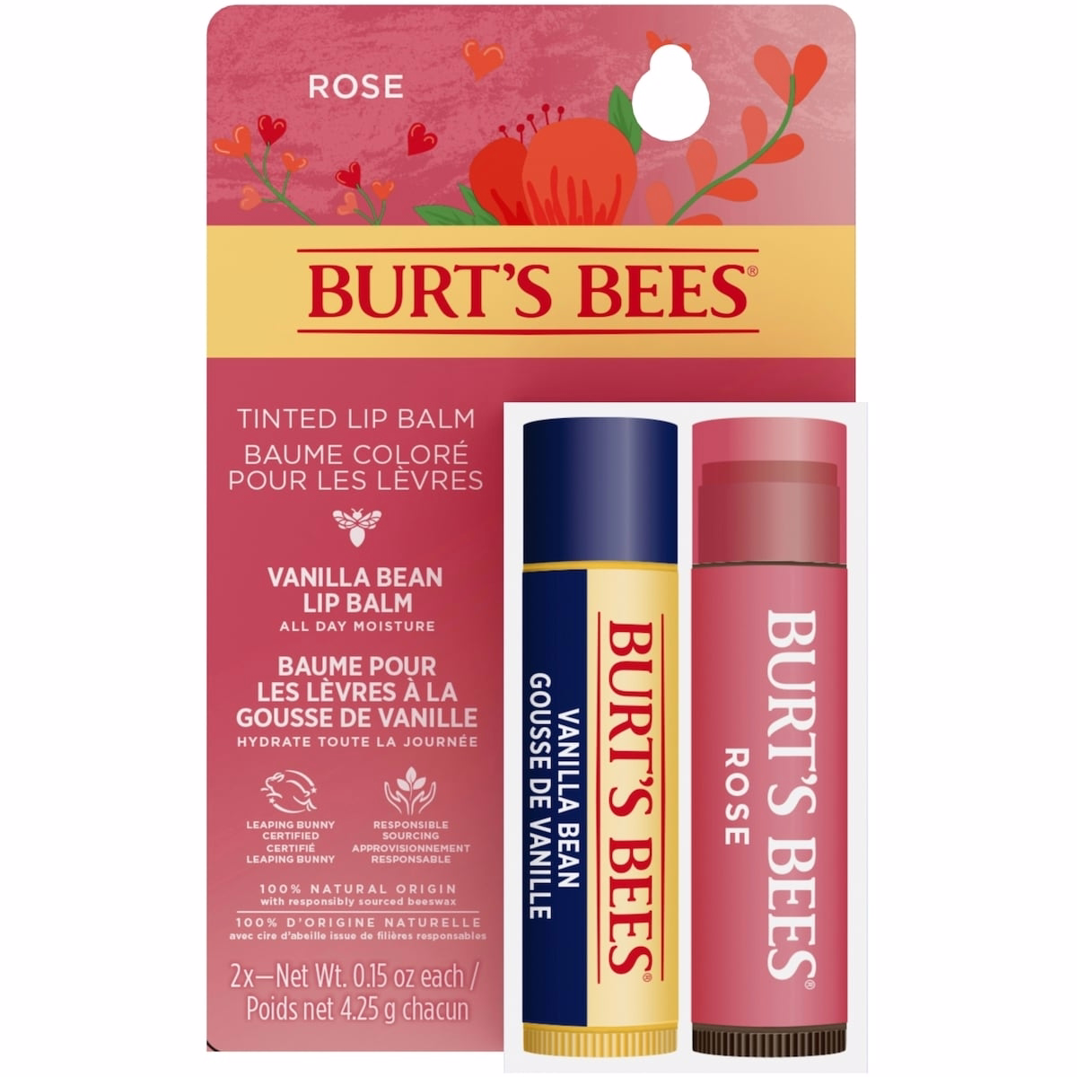 Burt's Bees 100% 天然來源 保濕護唇膏與著色護唇膏，長效保濕，2 件裝 - 香草豆