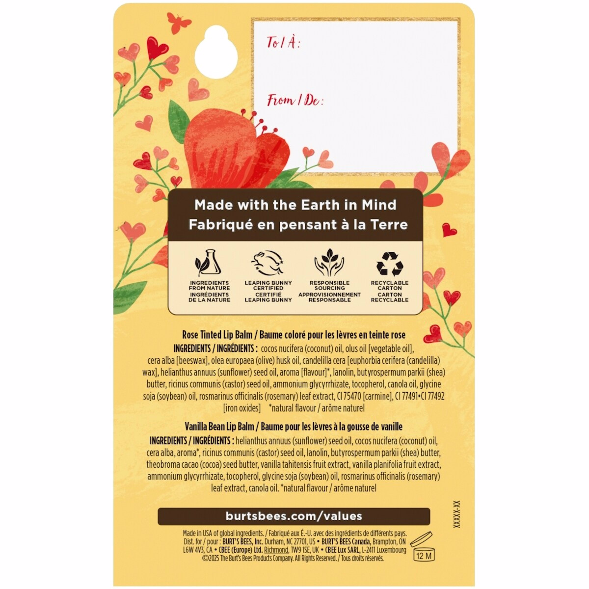 Burt's Bees 100% 天然來源 保濕護唇膏與著色護唇膏，長效保濕，2 件裝 - 香草豆