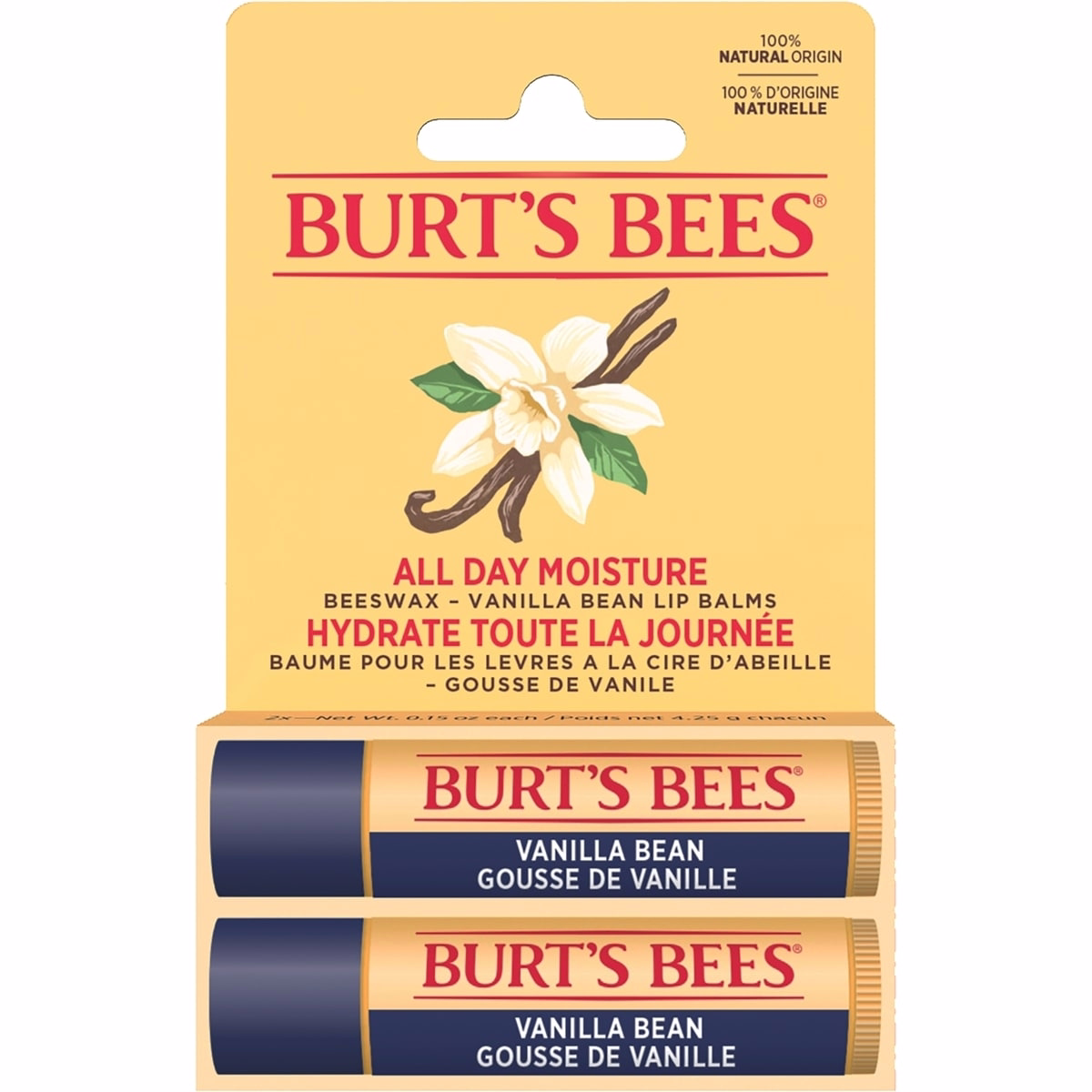 Burt's Bees 100% 天然來源保濕潤唇膏，適用於乾燥龜裂雙唇，讓雙唇柔軟水潤 - 2支裝 - 香草豆香味