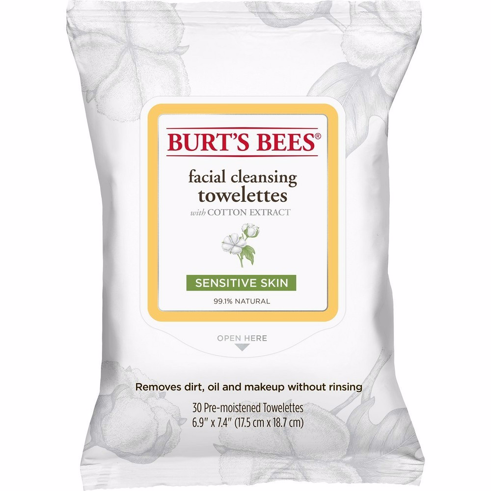 목화 추출물이 함유된 Burt's Bees 민감 피부용 페이셜 클렌징 물티슈, 30매