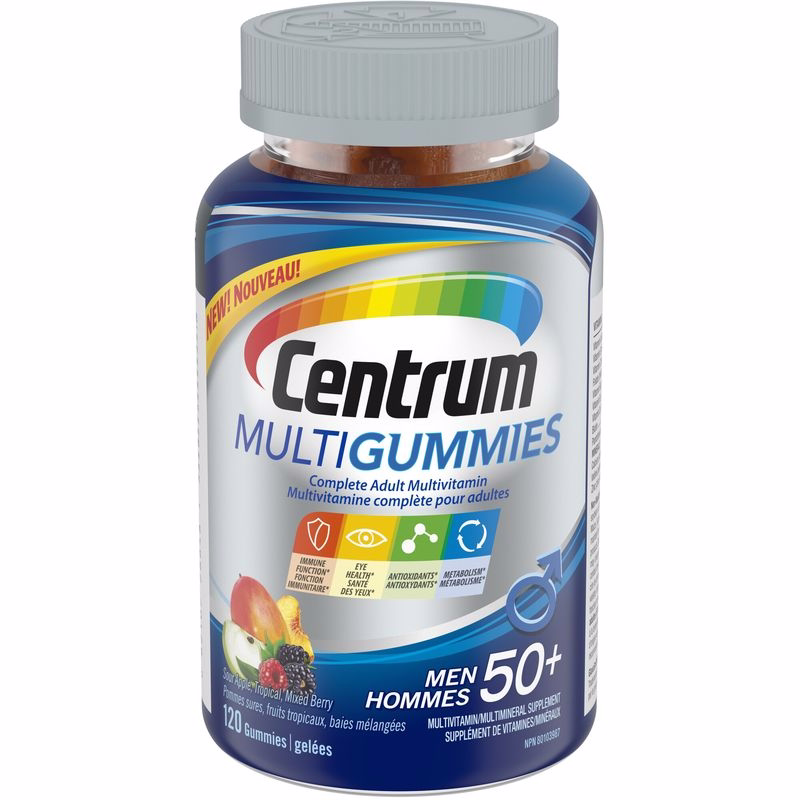 Centrum Centrum MultiGummies Men 50+ Multivitamin and Multimineral Supplement, Sour Apple, Tropical, and Mixed Berry Flavours, 120 Count 120.0 Count