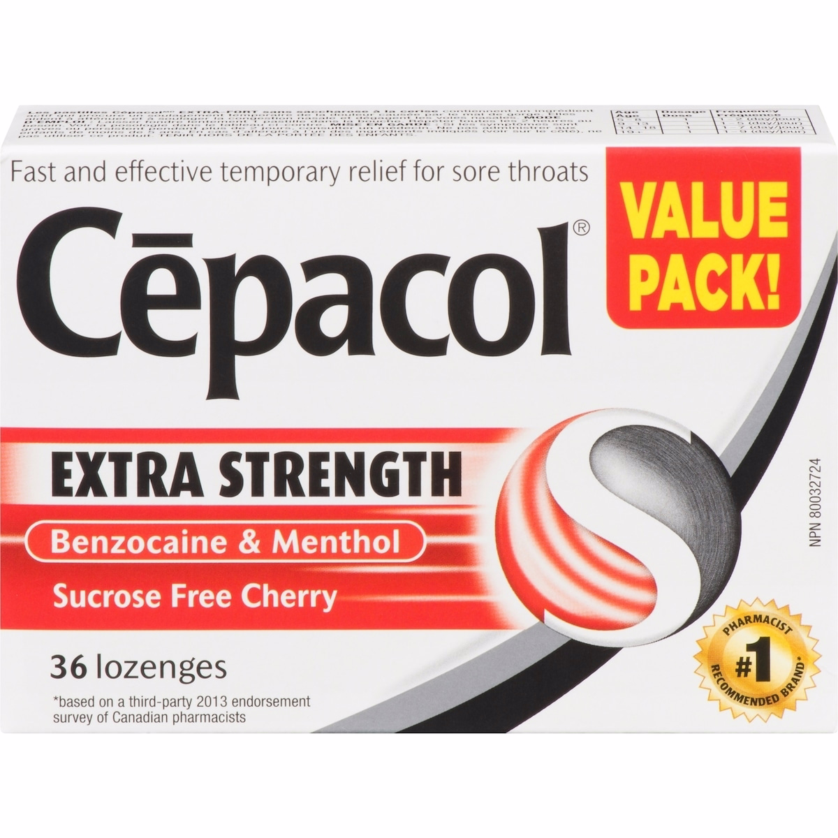 Cepacol® 特強 不含蔗糖 櫻桃口味價值包 喉嚨痛含片 36 顆