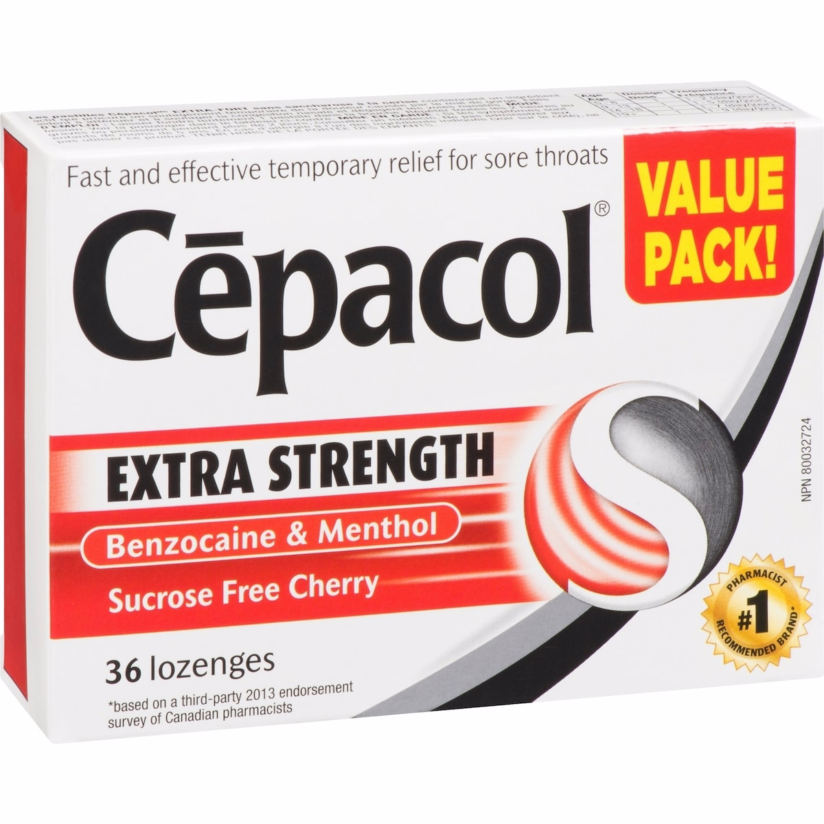 Cepacol® 特強 不含蔗糖 櫻桃口味價值包 喉嚨痛含片 36 顆