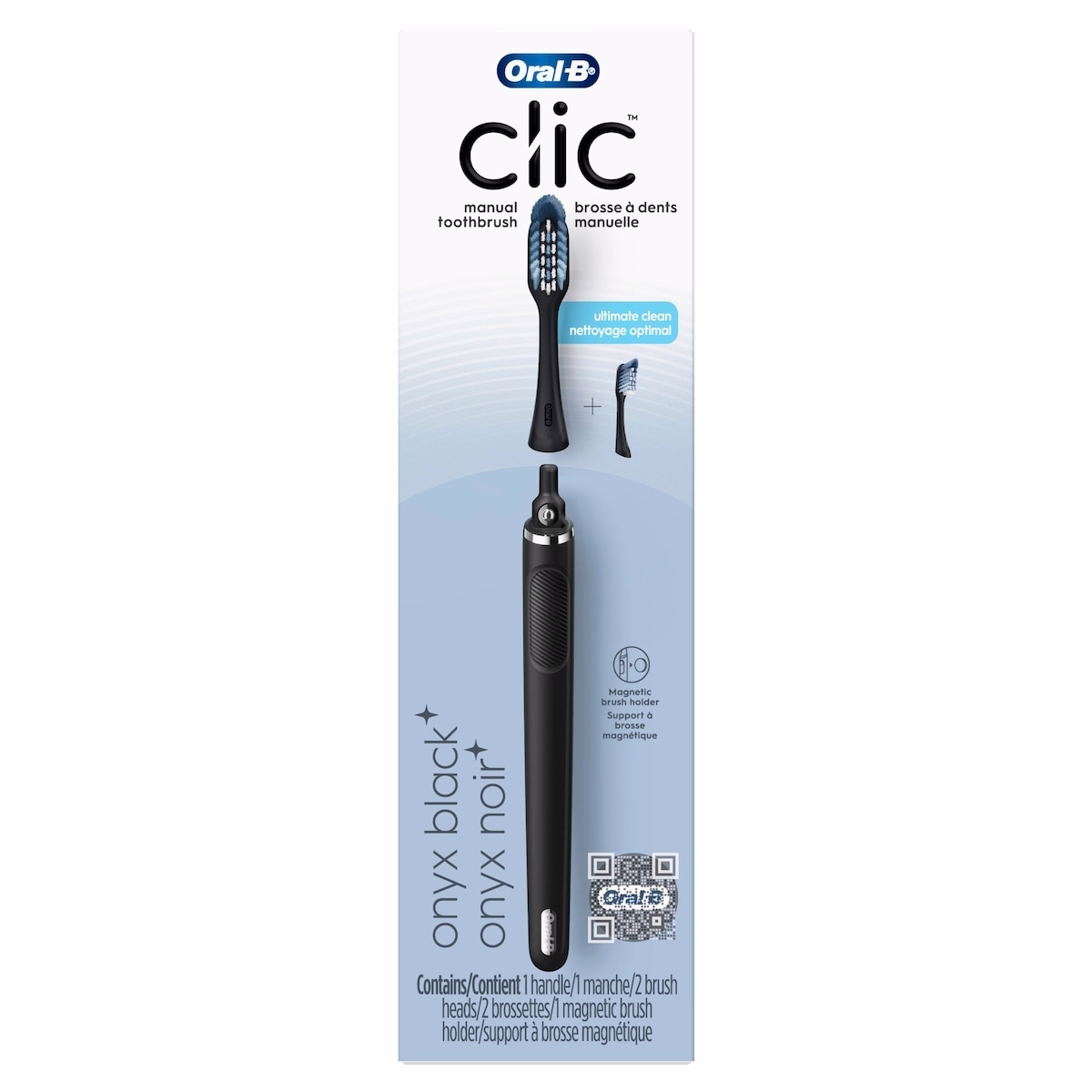 Clic Starter Kit Matte Black Toothbrush Handle with (2) Replacement Brush Head and Toothbrush Holder