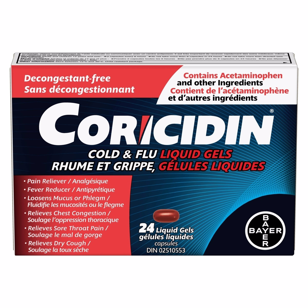 Coricidin 不含充血劑的咳嗽感冒藥 - 成人用咳嗽、感冒與流感藥物 – 從喉嚨痛、咳嗽、胸部鬱塞、發燒與頭痛獲得有效的症狀緩解，24 粒液膠囊