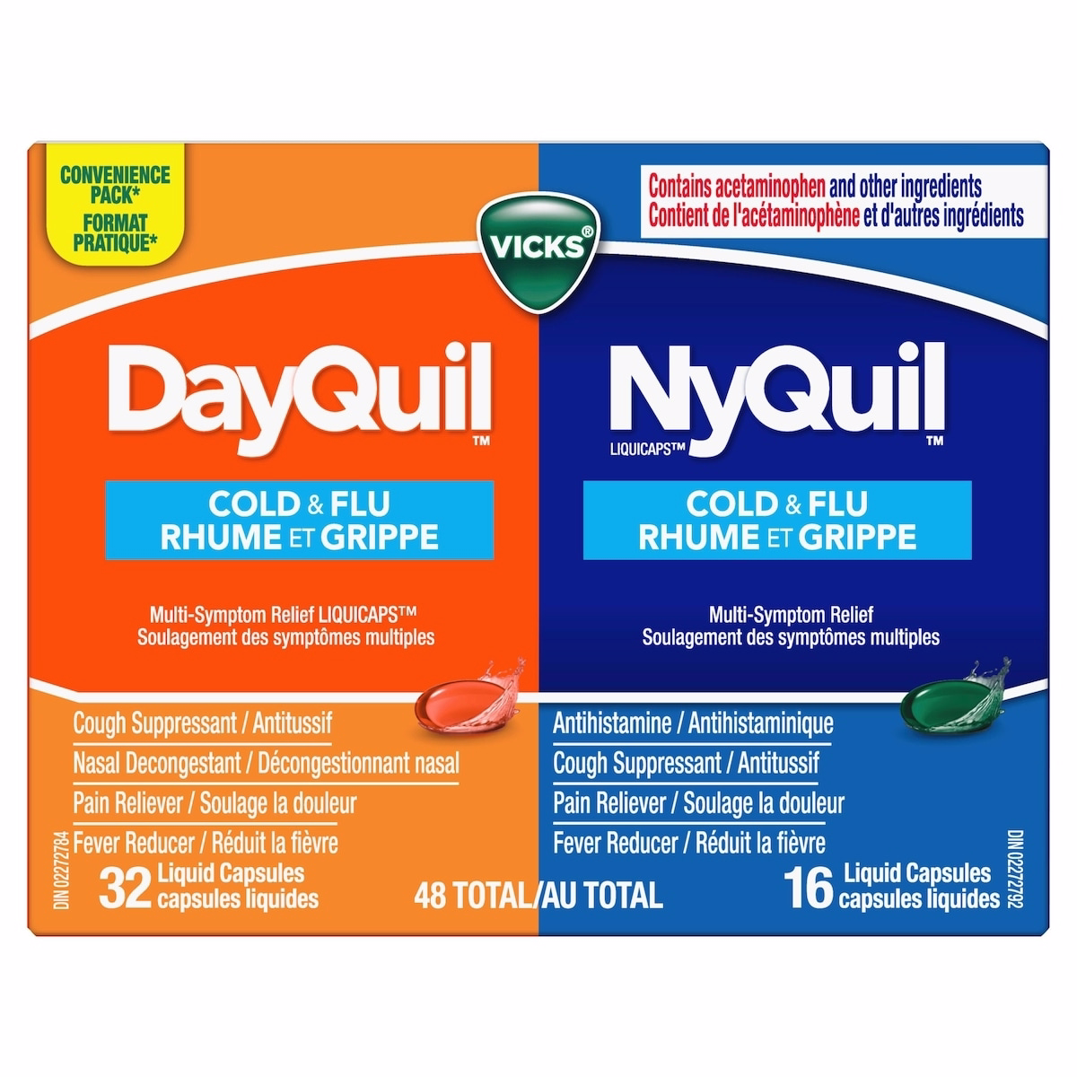 DayQuil Cold & Flu Multi-Symptom Relief Liquid Capsules + Vicks NyQuil Cold & Flu Multi-Symptom Relief Liquid Capsules, Total 48 Count