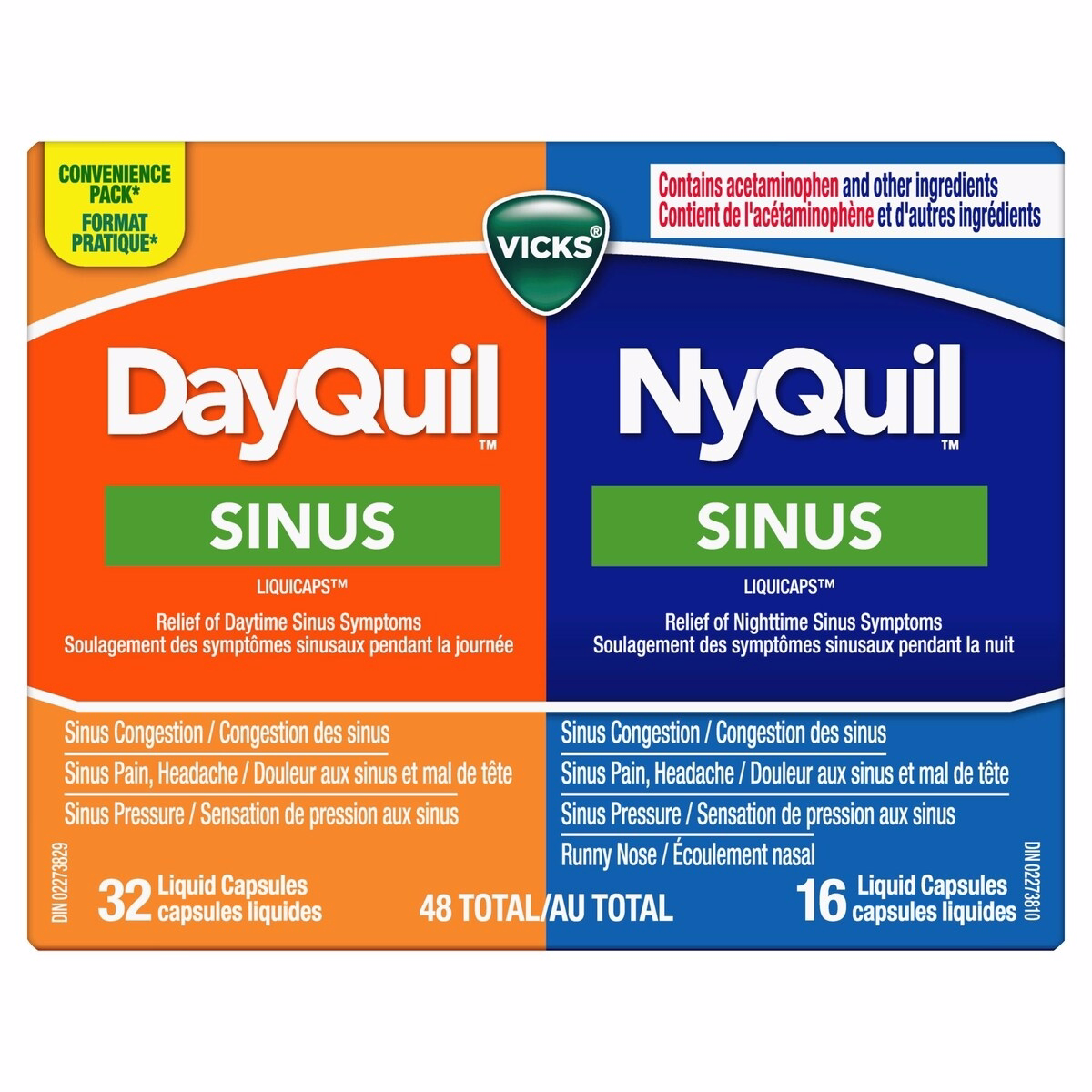 DayQuil Sinus Liquid Capsules + Vicks NyQuil Sinus Liquid Capsules, Total 48 Count
