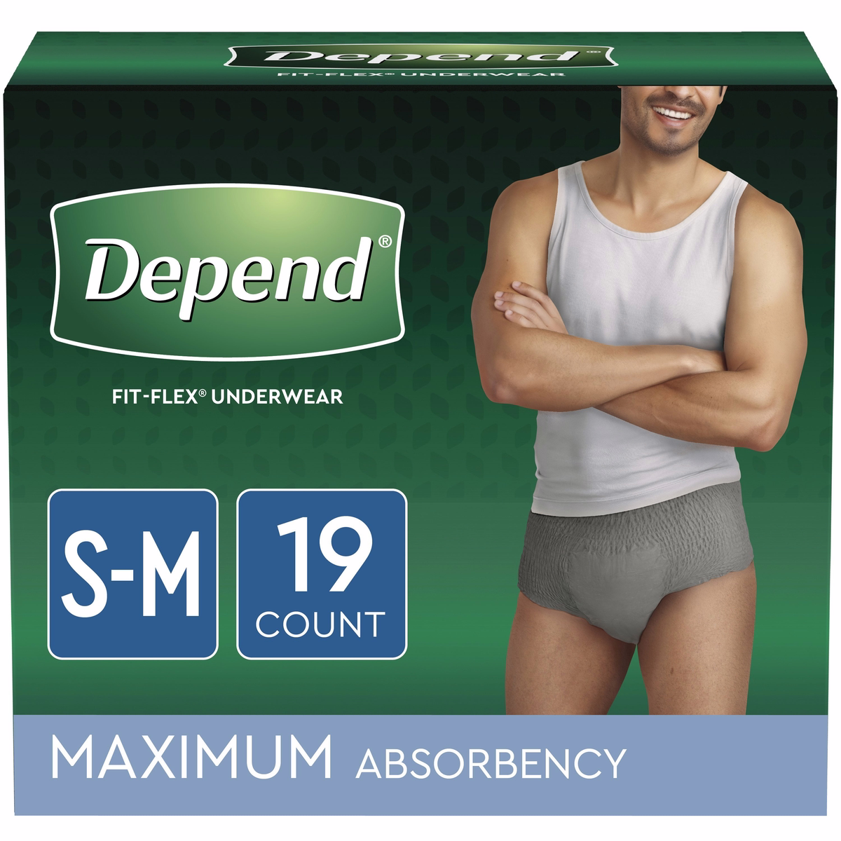 Depend FIT-FLEX Incontinence Underwear for Men, Maximum Absorbency, S/M, Grey, 19 Count - 19 Ct