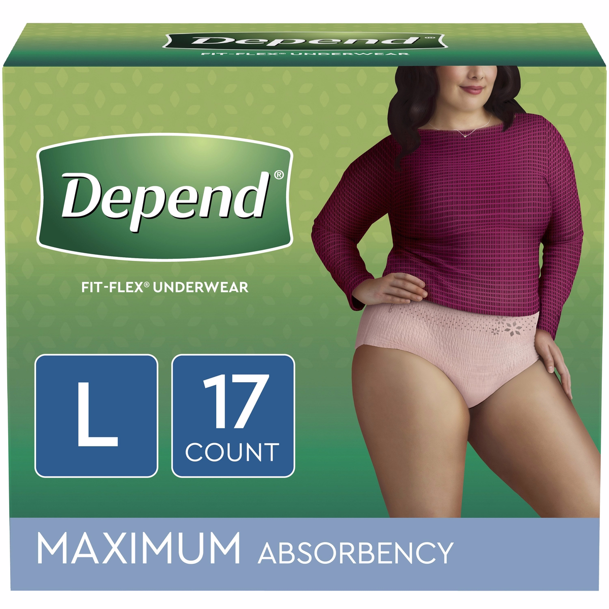 Depend FIT-FLEX Incontinence Underwear for Women, Maximum Absorbency, L, Blush, 17 Count - 17 Ct