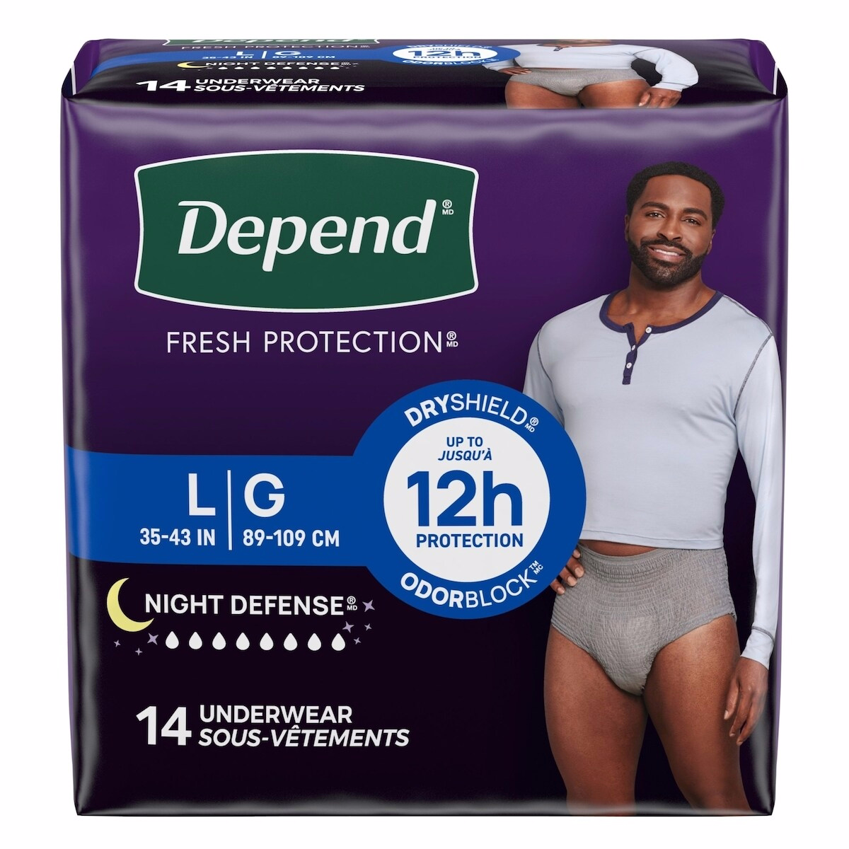 Depend Night Defense Incontinence Underwear for Men, Overnight, Size L, 14 Count
